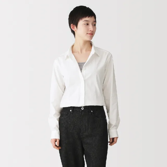 【MUJI 無印良品】女水洗平織布標準領長袖襯衫(白色/暗藍直紋/淺灰直紋/灰直紋/暗紅直紋/煙燻綠直紋)