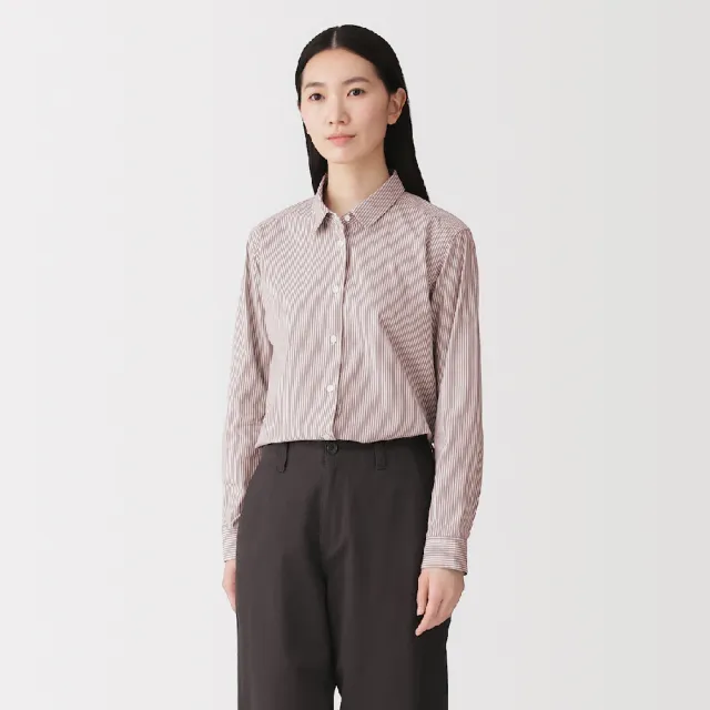 【MUJI 無印良品】女水洗平織布標準領長袖襯衫(白色/暗藍直紋/淺灰直紋/灰直紋/暗紅直紋/煙燻綠直紋)