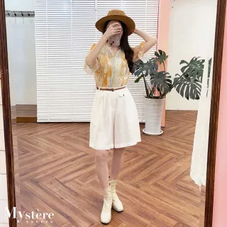 【my stere 我的時尚秘境】雙11 荷葉邊彈性渲染上衣 兩色 針織上衣 涼感上衣 潑墨上衣 V領上衣 渡假風上衣