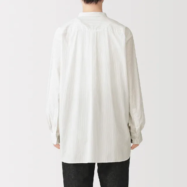 【MUJI 無印良品】女水洗平織布立領長袖長版襯衫(白直紋/摩卡棕直紋)