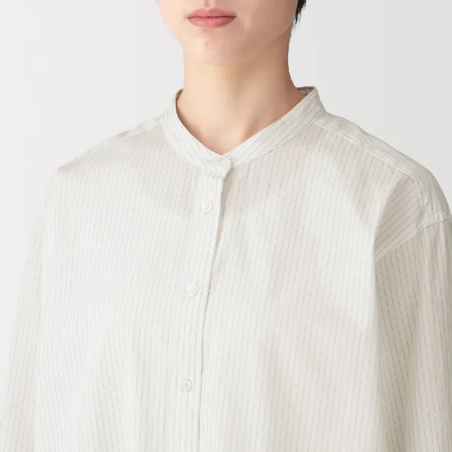 【MUJI 無印良品】女水洗平織布立領長袖長版襯衫(白直紋/摩卡棕直紋)