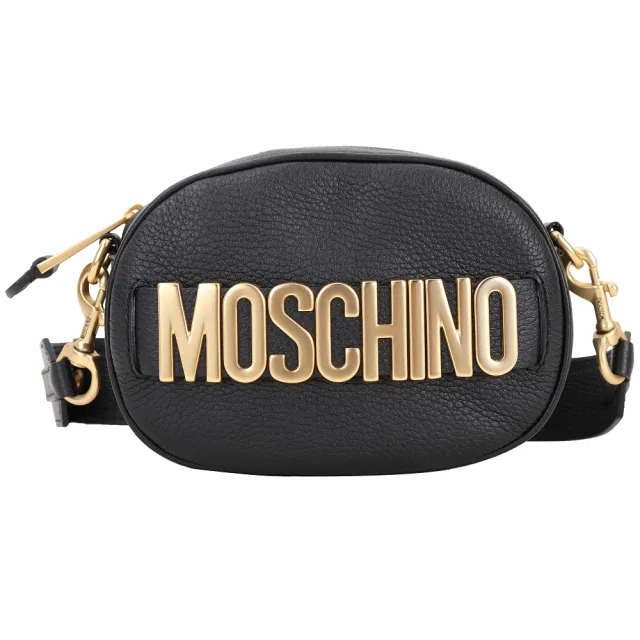 【MOSCHINO】荔枝紋牛皮金字手拿 斜背包(黑色 肩背 真皮)