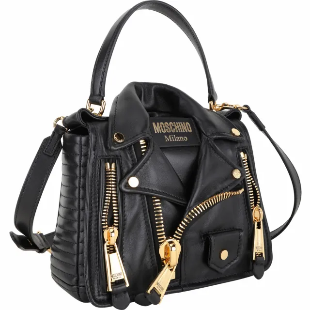 【MOSCHINO】Biker 騎士風皮衣造型羊皮手提 斜背包(黑x金色 兩用包 肩背 真皮)