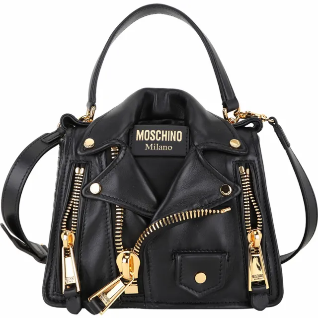 【MOSCHINO】Biker 騎士風皮衣造型羊皮手提 斜背包(黑x金色 兩用包 肩背 真皮)