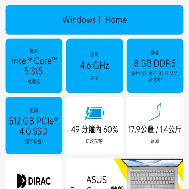 【ASUS 華碩】滑鼠組★15.6吋Core 5輕薄筆電(Core 5-315/16G/512G SSD/W11/VivoBook X1504MA)