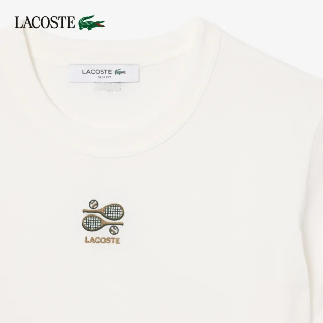 【LACOSTE】女款-網球刺繡裝飾針織短袖T恤(白色)
