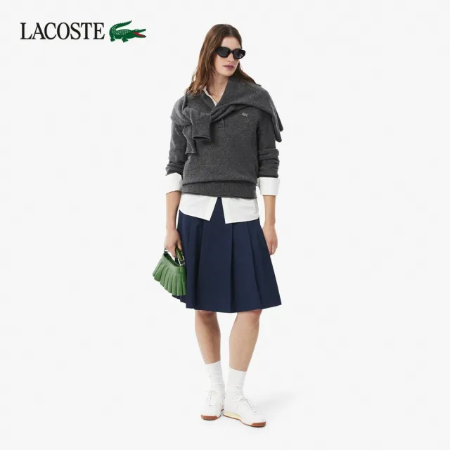 【LACOSTE】女款-斜紋百褶中長裙(海軍藍)