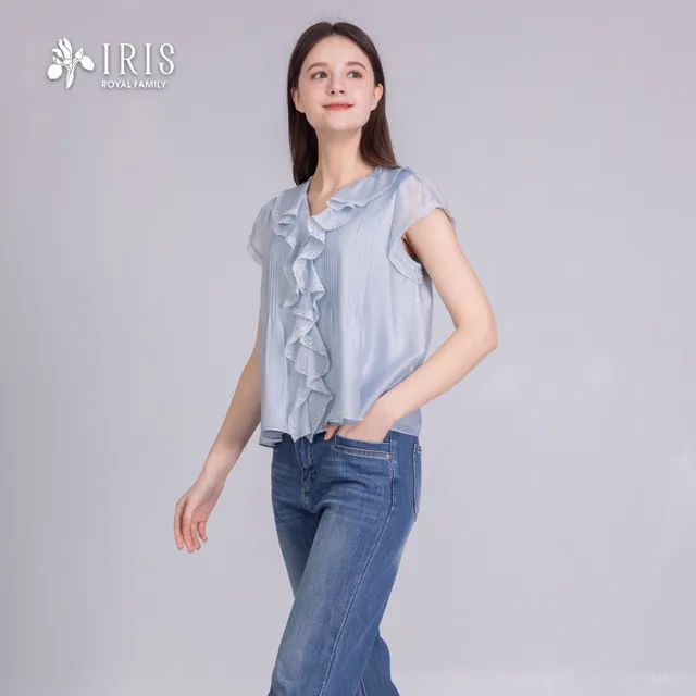 【IRIS 艾莉詩】浪漫荷葉V領上衣-藍色(62142)