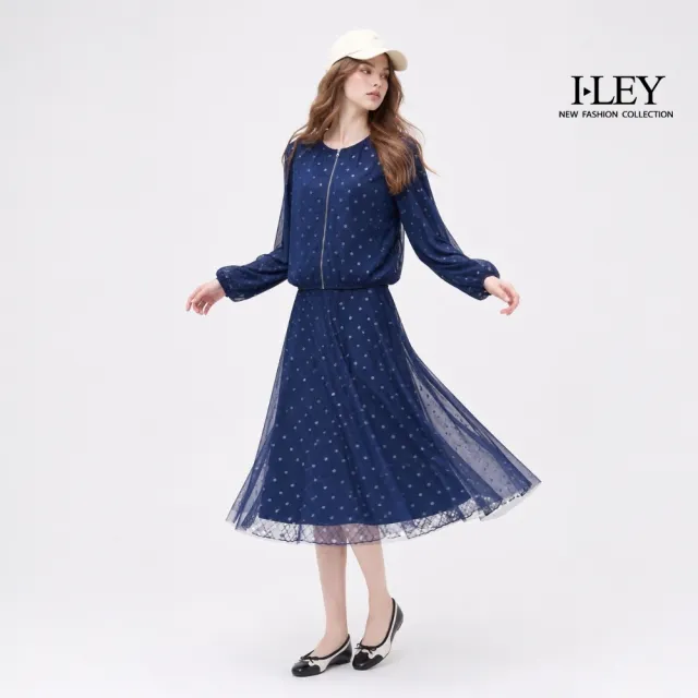 【ILEY 伊蕾】雙層網紗波點格紋長裙(深藍；M-XL；1263382202)