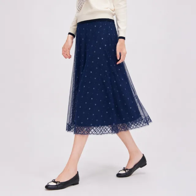 【ILEY 伊蕾】雙層網紗波點格紋長裙(深藍；M-XL；1263382202)