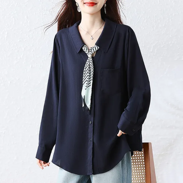 【麗質達人】908藍色長袖配領巾上衣-LY (L-5XL)