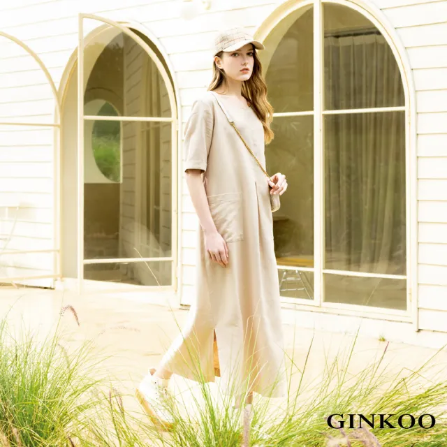 【GINKOO 俊克】前合摺大口袋圓領短袖洋裝