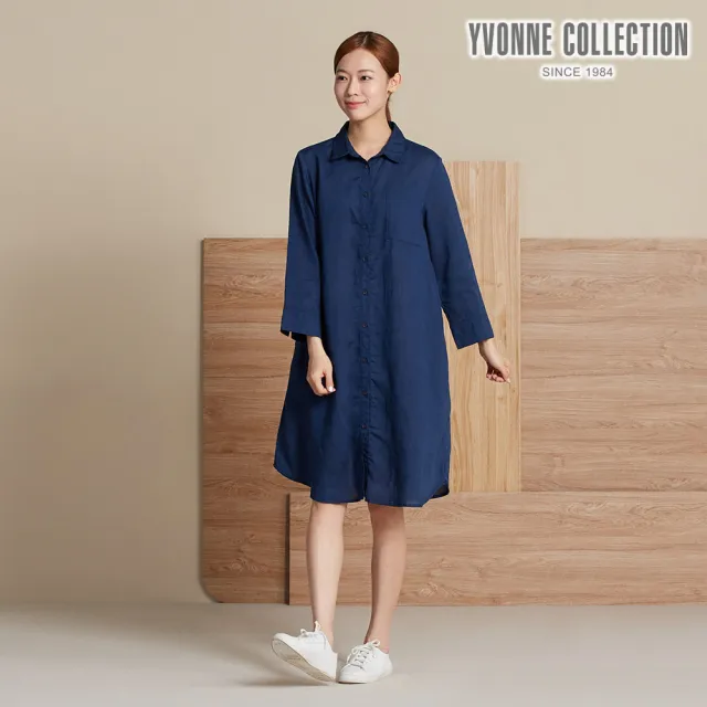 【YVONNE 以旺傢飾】天絲麻開襟長袖洋裝-丈青色