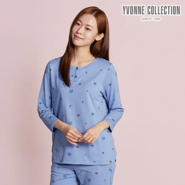 【YVONNE 以旺傢飾】伯恩熊印花半開襟七分袖上衣-淺藍色