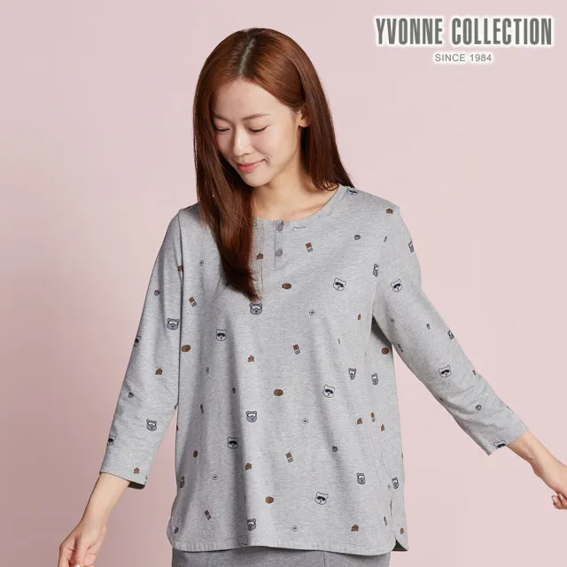 【YVONNE 以旺傢飾】伯恩熊印花半開襟七分袖上衣-迷霧灰