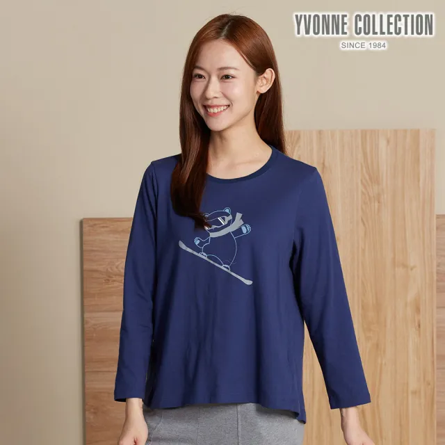 【YVONNE 以旺傢飾】伯恩熊網印七分袖上衣-星夜藍