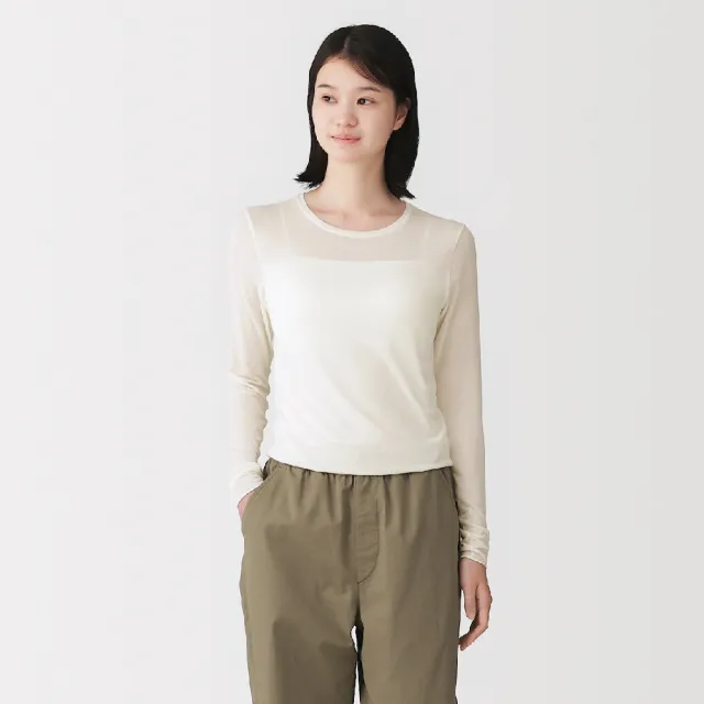 【MUJI 無印良品】女透明感圓領長袖 T 恤(柔白/黑色)
