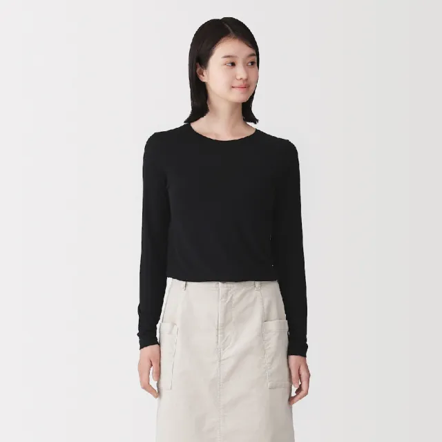 【MUJI 無印良品】女透明感圓領長袖 T 恤(柔白/黑色)