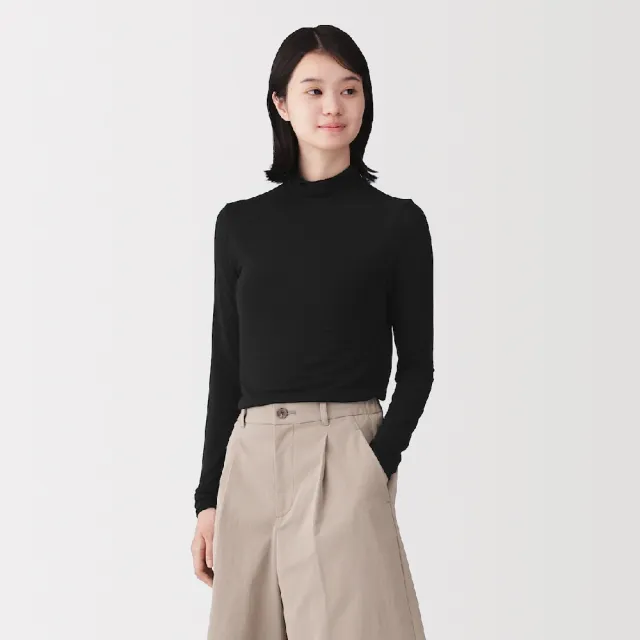 【MUJI 無印良品】女透明感高領長袖 T 恤(柔白/黑色)