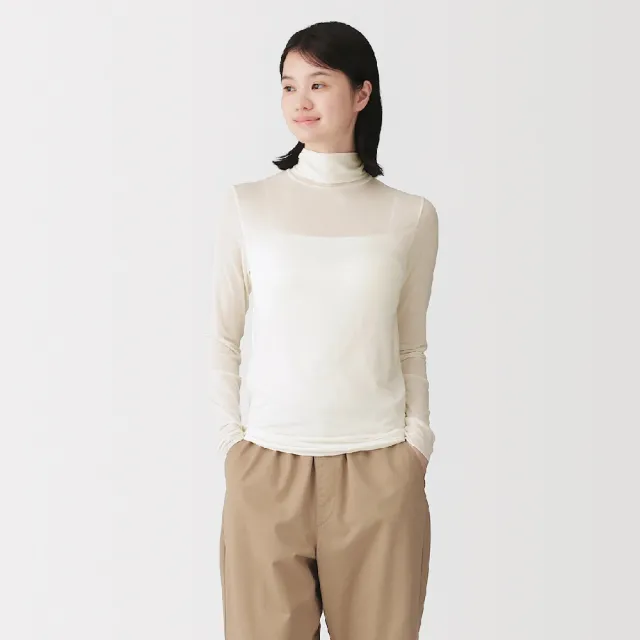 【MUJI 無印良品】女透明感高領長袖 T 恤(柔白/黑色)