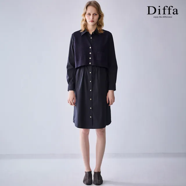 【Diffa】襯衫領假兩件連身長袖洋裝-女