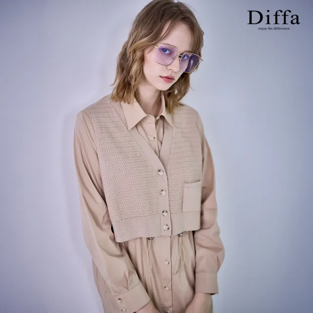 【Diffa】襯衫領假兩件連身長袖洋裝-女