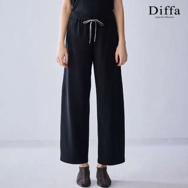 【Diffa】鬆緊腰綁帶車褶直筒褲-女