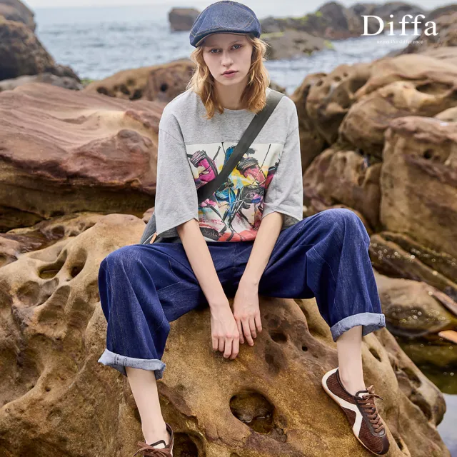 【Diffa】藝術聯名異素材拼接落肩七分袖針織衫-女