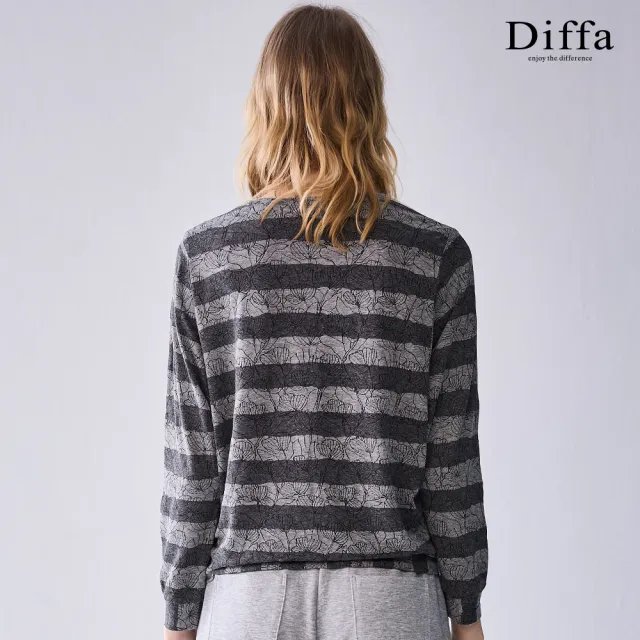 【Diffa】灰條花卉緹花長袖針織衫-女
