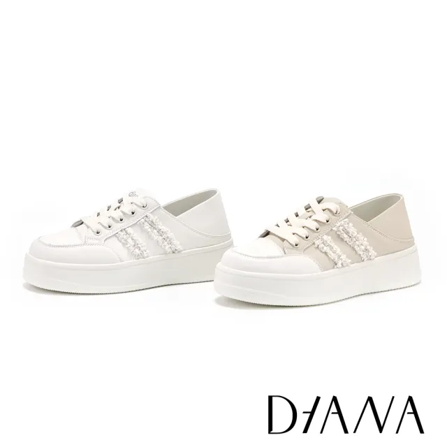 【DIANA】小香風編織雙條紋牛皮兩穿厚底小白鞋 米色