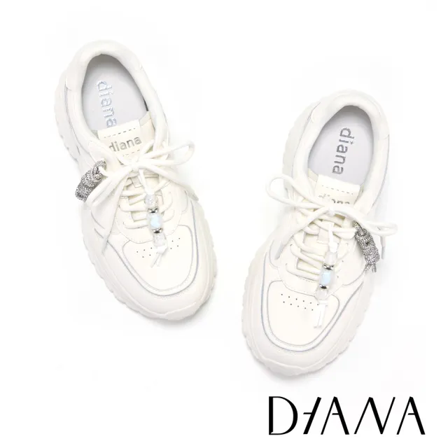 【DIANA】晶透串珠水鑽飾釦牛皮厚底休閒鞋 白色