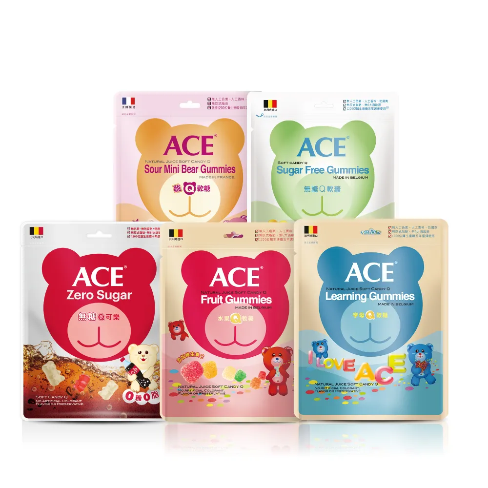 【ACE】量販包軟糖240g(3包組)(水果Q/字母Q/無糖Q/無糖Q可樂/無糖Q甜莓蜜桃)