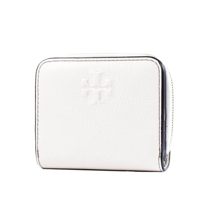 【TORY BURCH】荔枝紋浮雕LOGO釦式對開短夾-象牙白