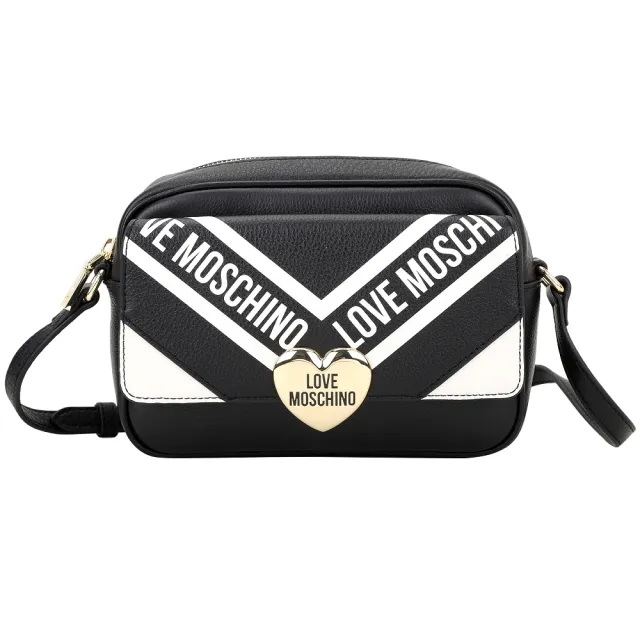 【MOSCHINO】LOVE MOSCHINO 愛心釦翻蓋牛皮斜背相機包(黑色 肩背 側背 真皮)