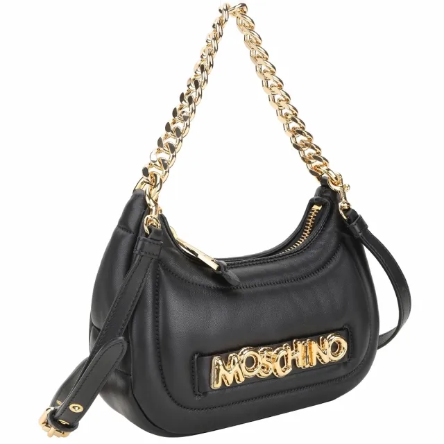 【MOSCHINO】金屬字母膨鬆牛皮鍊帶肩 斜背腋下包(黑色 兩用包 腋下包 手提 鍊條包)