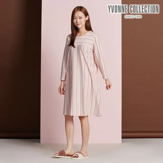 【YVONNE 以旺傢飾】木屋條紋長袖洋裝-香檳粉