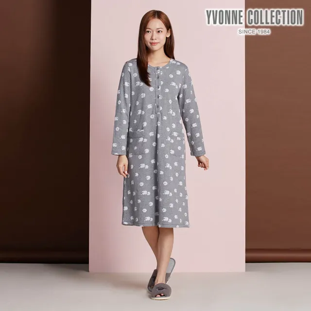 【YVONNE 以旺傢飾】黑鼻羊提花半開襟長袖洋裝-岩石灰