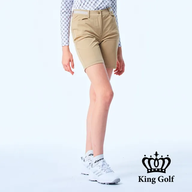 【KING GOLF】網路限定款-女款立體刺繡織帶拼接素面舒適修身休閒短褲/高爾夫球褲-卡其