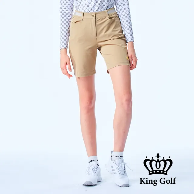 【KING GOLF】網路限定款-女款立體刺繡織帶拼接素面舒適修身休閒短褲/高爾夫球褲-卡其