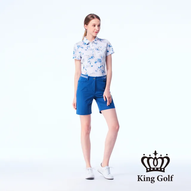 【KING GOLF】網路限定款-女款立體刺繡織帶拼接素面舒適修身休閒短褲/高爾夫球褲-藍色