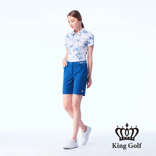 【KING GOLF】網路限定款-女款立體刺繡織帶拼接素面舒適修身休閒短褲/高爾夫球褲-藍色
