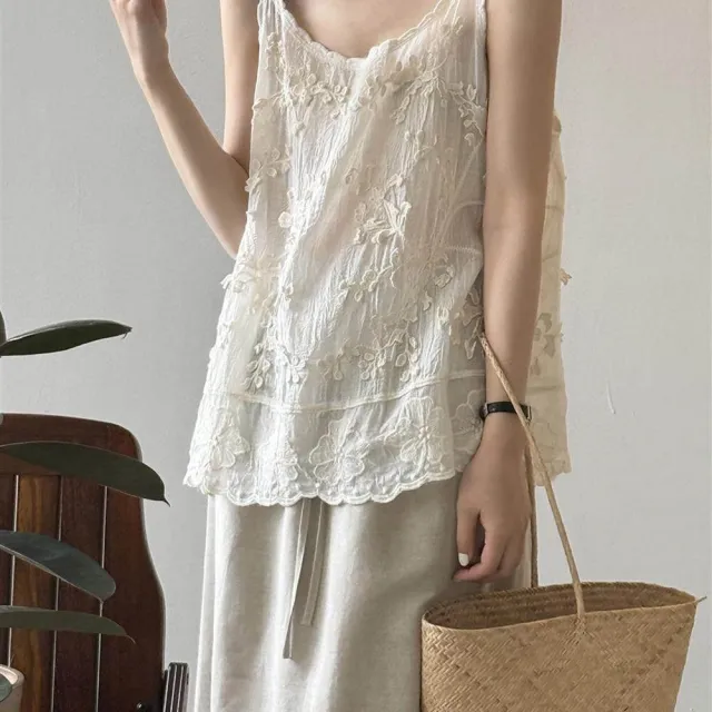 【ASister 小姊姊】AS2773#女裝｜上衣☆花邊圓領法式緹花刺繡吊帶背心(2色 F)