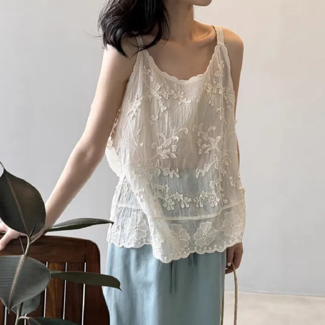 【ASister 小姊姊】AS2773#女裝｜上衣☆花邊圓領法式緹花刺繡吊帶背心(2色 F)