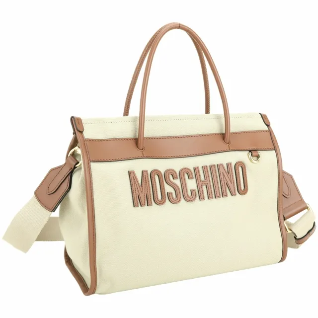 【MOSCHINO】小款 字母標誌小牛皮帆布手提 斜背托特包(卡其色 兩用包 肩背 通勤包)