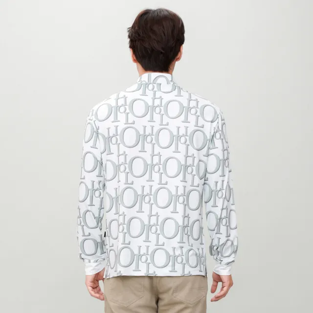 【oillio 歐洲貴族】男裝 長袖品牌POLO衫 口袋 經典休閒 滿版LOGO (白色 法國品牌 有大尺碼)