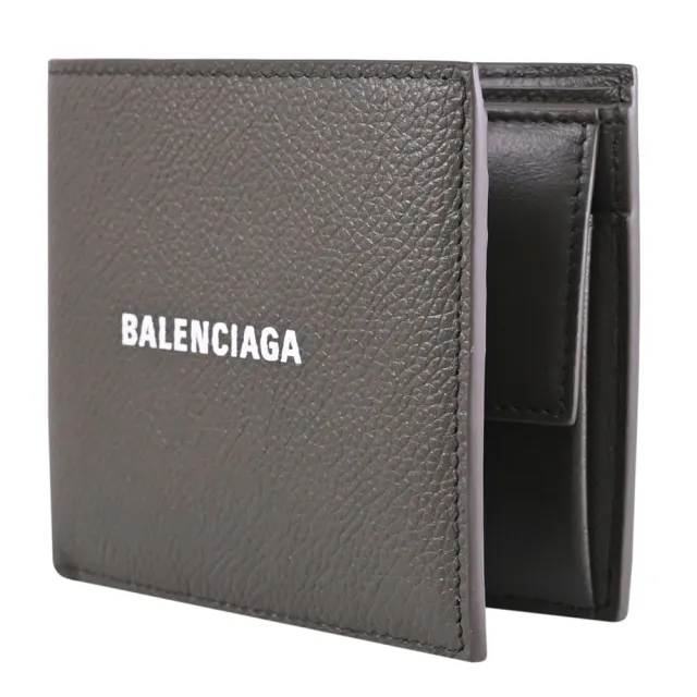 【Balenciaga 巴黎世家】簡約LOGO荔枝牛皮雙層4卡零錢短夾(深綠)
