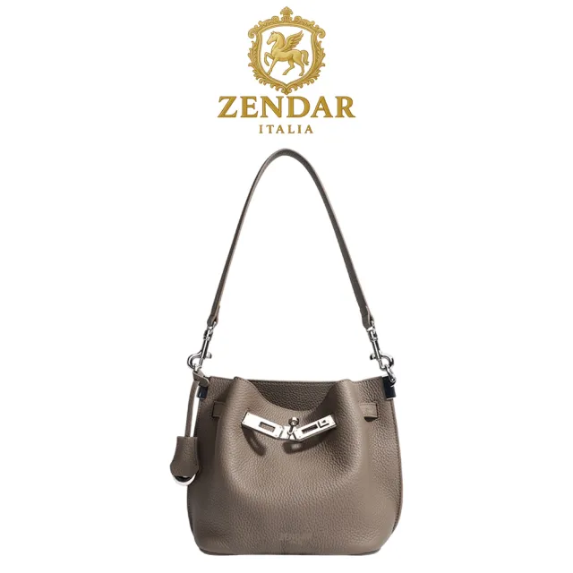 【ZENDAR】台灣總代理 頂級小牛皮水桶包肩背包 奥菲系列(大象灰)
