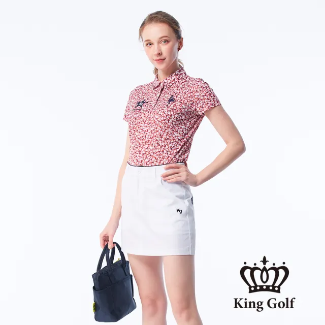 【KING GOLF】網路限定款-女款小花印花火鶴刺繡涼感短袖POLO衫/高爾夫球衫-紅色
