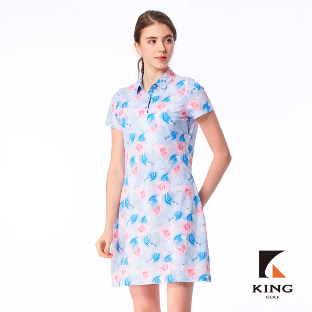 【KING GOLF】網路限定款-女款滿版水彩插畫風印花透氣涼感開襟背心連身裙/高爾夫洋裝-藍色