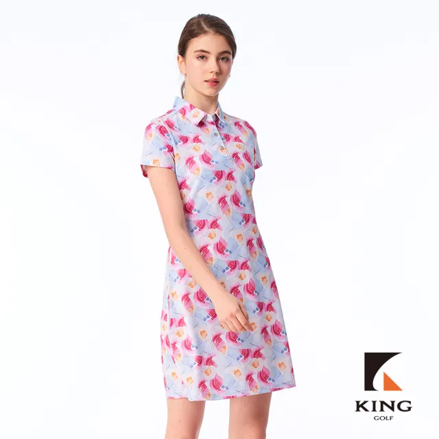 【KING GOLF】網路限定款-女款滿版水彩插畫風印花透氣涼感開襟背心連身裙/高爾夫洋裝-紅色